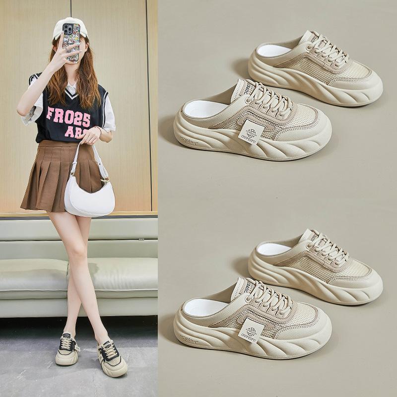 New Muffin Shoes Women's New INS Platform Casual Women's Shoes Mesh Breathable Half Slippers Board Shoes