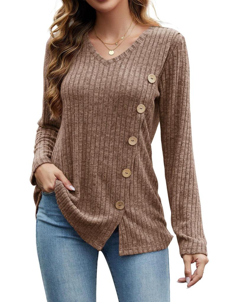 2023 Women's Autumn & Winter V-Neck Button Split Loose Long-Sleeve T-Shirt Top