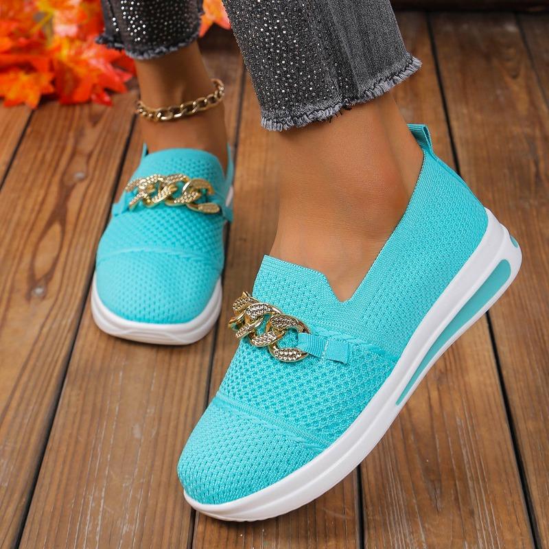 New Metal Chain, Slope Heel, Thick Sole, One Pedal, Breathable and Lightweight Mesh, Large Size Casual Single Shoes for Women