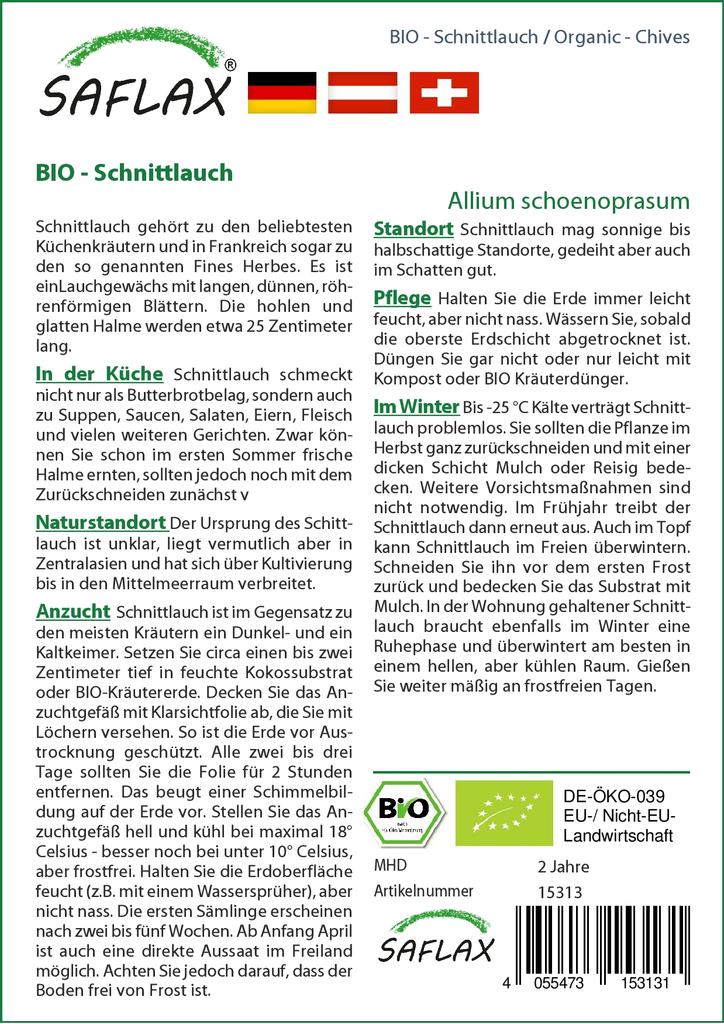 SAFLAX Garden In the Bag - Organic - Chives - 250 Seeds - With Substrate In a Fitting Stand Up Bag - Allium Schoenoprasum