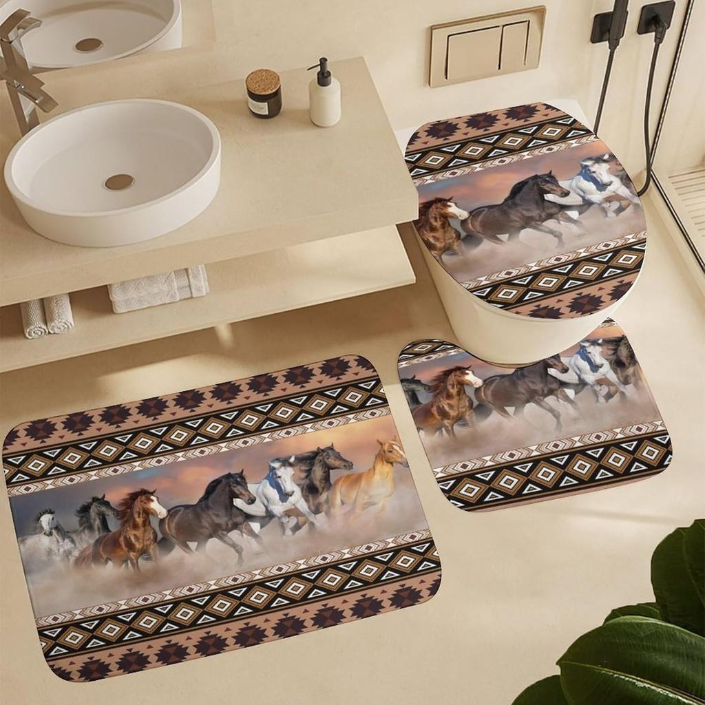 Rustic Aztec Horse 4 Pieces Shower Curtain Set,Boho Abstract Tribal Farmhouse Western Desert Horse Non-Slip Rugs Toilet Lid Cover Bath Mat and