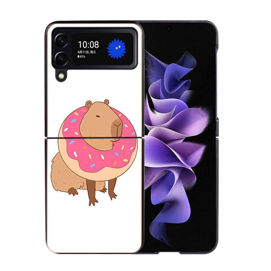 Cute Cartoon Capybara Phone Case For Samsung Z Flip 7 6 5G Galaxy Z Flip4 Z Flip5 Z Flip3 Coque Black Hard PC Shell Protective C