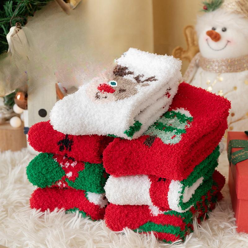 Christmas Gifts: Coral Fleece Socks for Men and Women, Mid-calf, Christmas Eve, Autumn and Winter Couples, Red Long Stockings