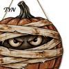 Autumn Theme Room Furnishings Halloween Mummy Pumpkin Hanging Sign, Retro Wooden Pendant with Ghost Wall Decor Hemp Rope for Front Door Entrance Party