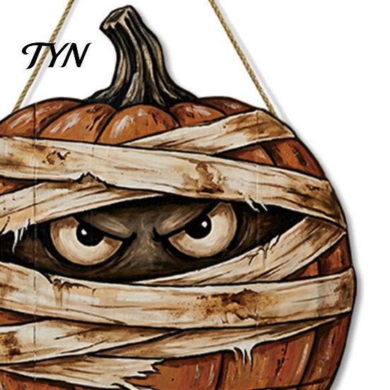 Autumn Theme Room Furnishings Halloween Mummy Pumpkin Hanging Sign, Retro Wooden Pendant with Ghost Wall Decor Hemp Rope for Front Door Entrance Party