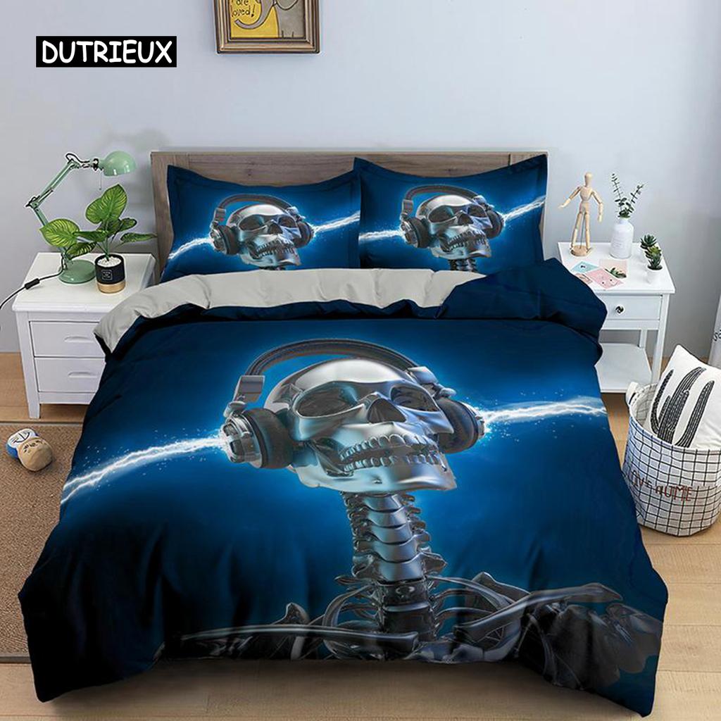 Skeleton Duvet Cover Set Microfiber Bedding Set Twin Size Halloween Funny Skeleton Skulls Bones Comforter Cover for Kids Teens