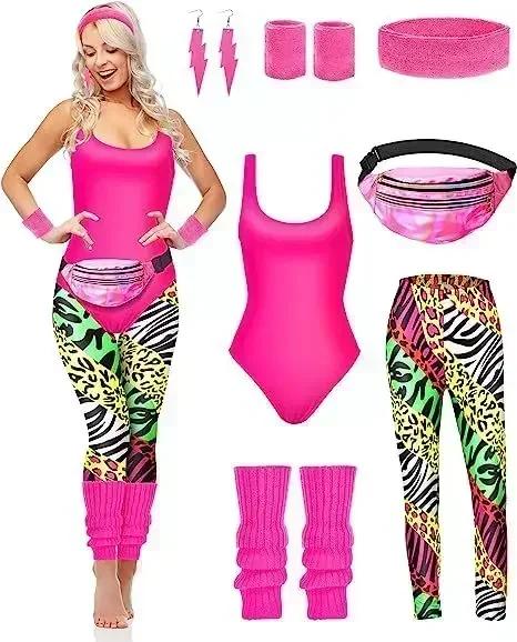 7 Delig 80s Chique Workout Kostuum Accessoires Set 90s Maillot Legging Hoofdband Polsbandjes Beenwarmers Oorbellen Heuptas XL&Other pink