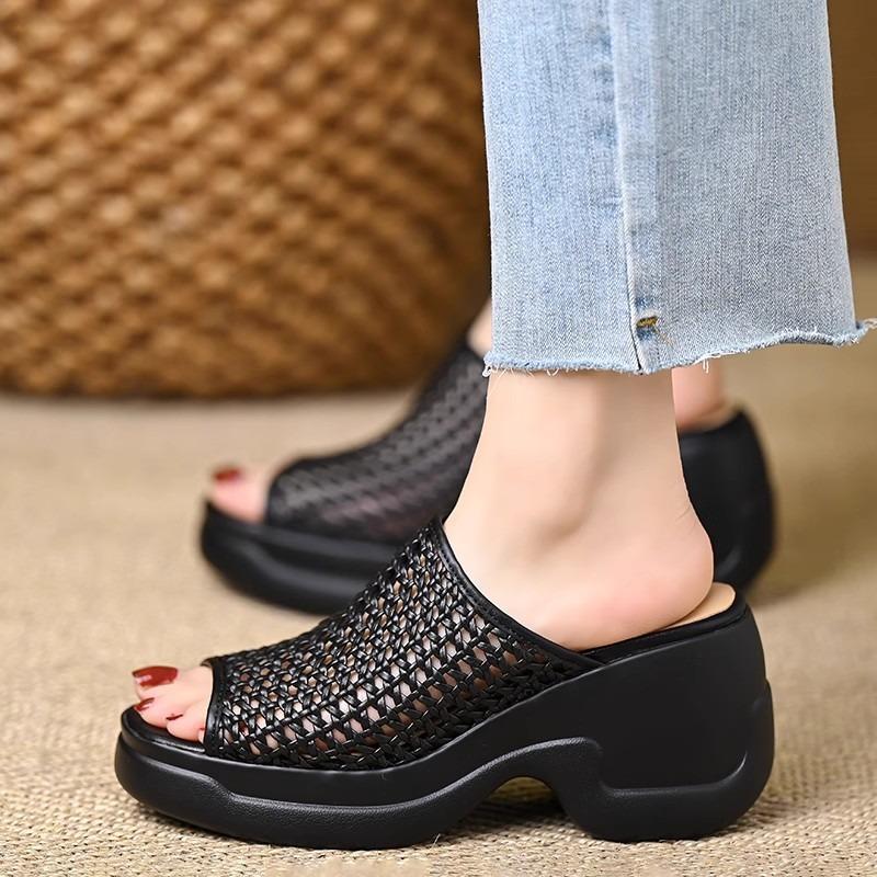 

Fashion Summer High Heels Women Slippers Fashion Platform Shoes Designer Weave Mesh Sandals 2025 New Chunky Pumps Dress Zapatillas Mujer 39 чёрный