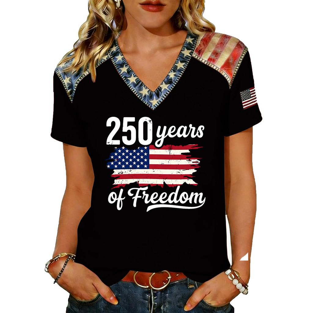 Haut T-shirt Pull Col en V Manches Courtes pour Femme avec Impression Drapeau Coupe Ample Décontracté Confortable Design Léger pour un Usage Quotidien