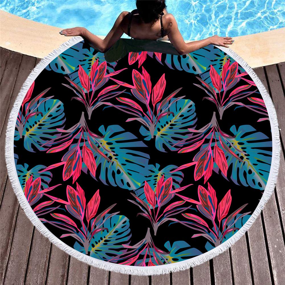 Telo Mare Rotondo Coperta Oversize Foglia di Palma Stile Tropicale Stampa Fenicottero Microfibra Grande Asciugamano Rotondo Picnic Asciugamano Assorbente