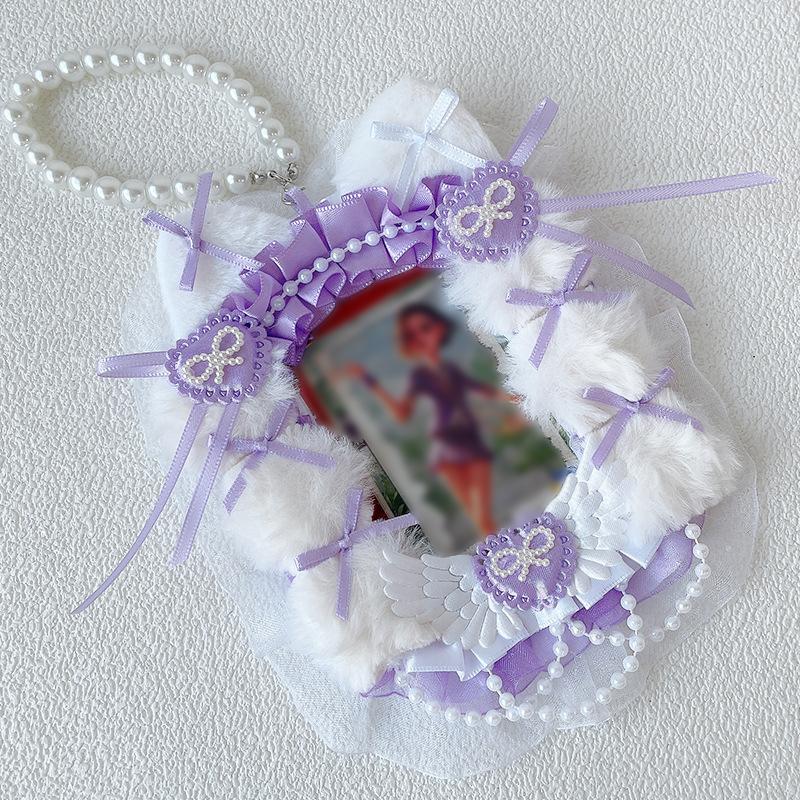 

Sweet Style Furry Lace Bow Photocard Holder with Pearl Beads Decoration Lanyard Lolita Anime Photo Card Display Protector фіолетовий