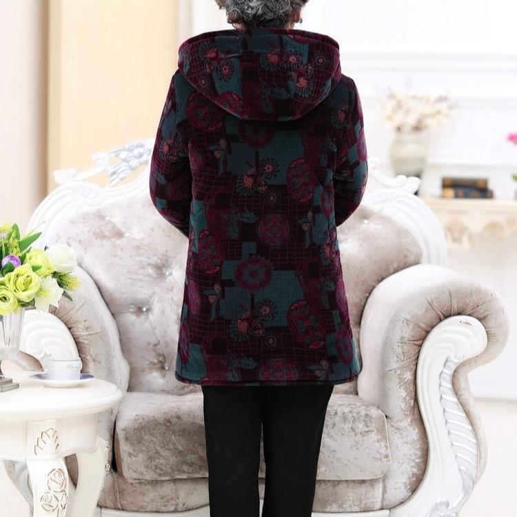 Grandma's Velvet-Lined Corduroy Hooded Winter Coat for Elderly Women