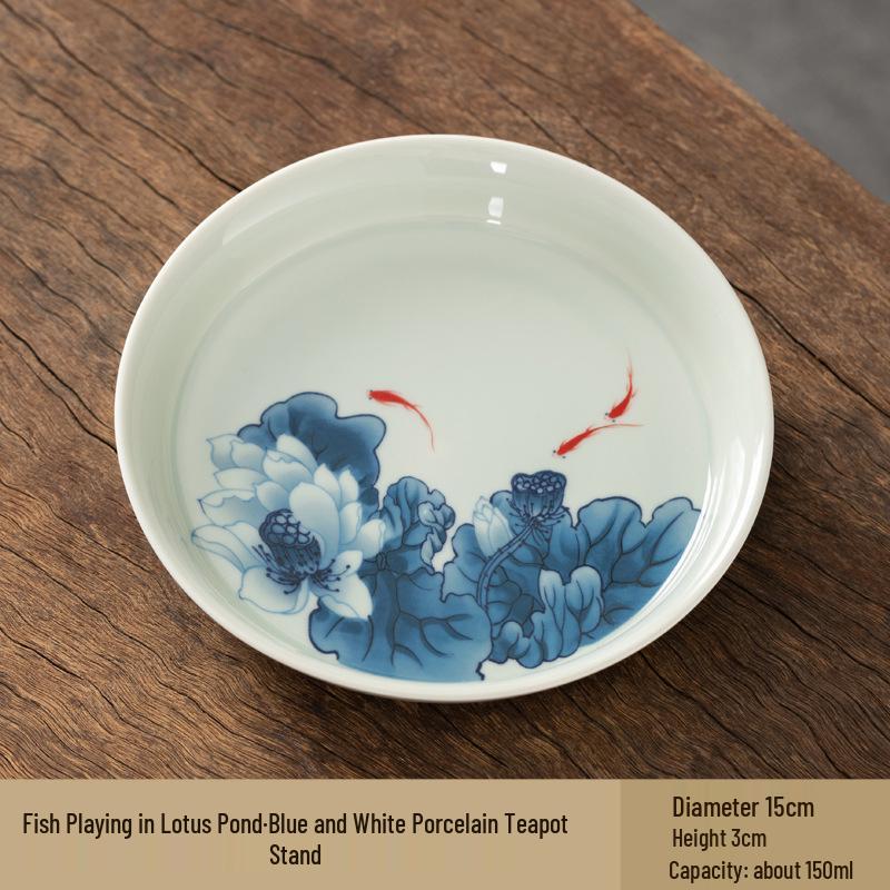 Blue & White Porcelain Teapot Tray: Retro Ceramic Tea Plate & Water Storage Holder