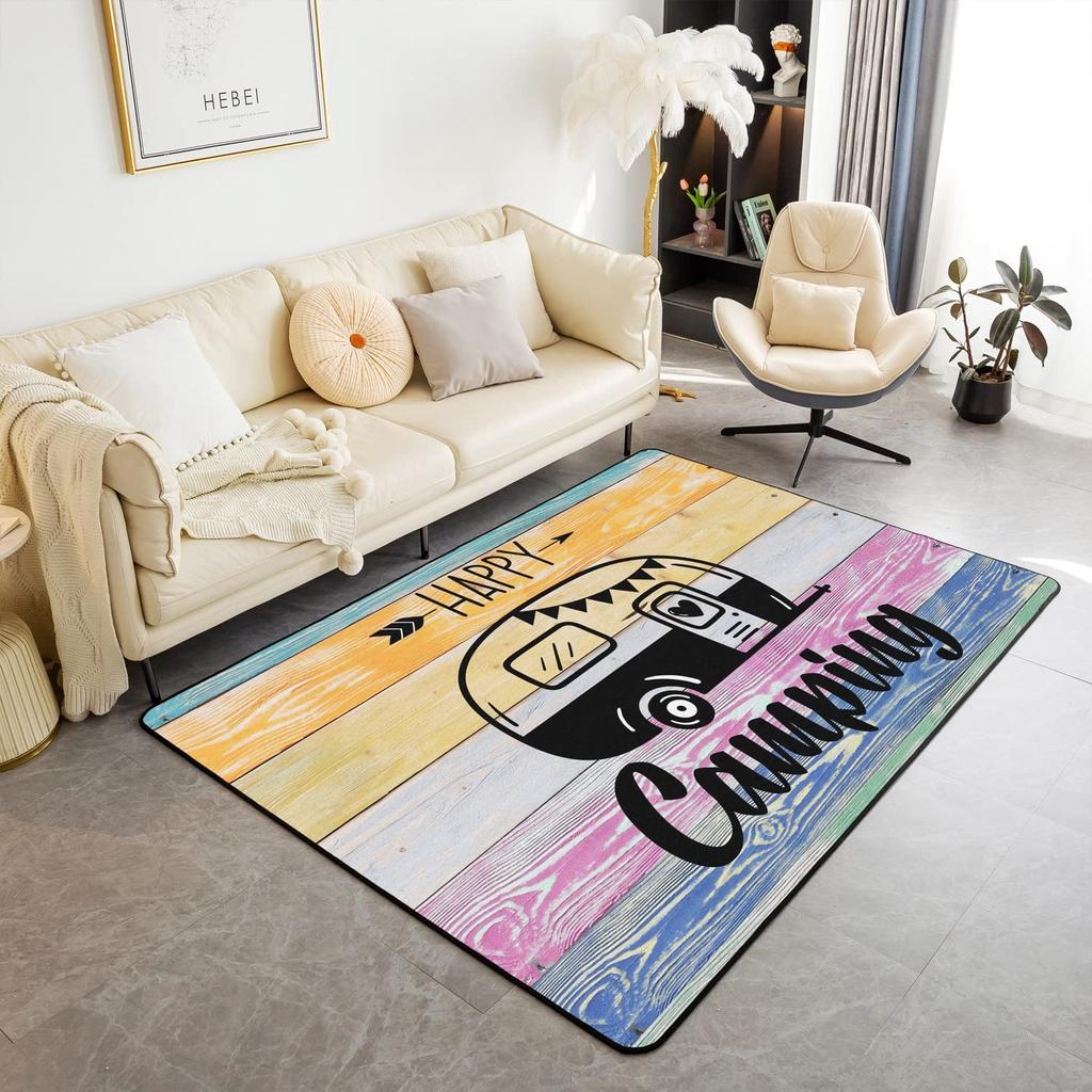 Happy Camping Living Room Rugs,Rv Car Area Rug,Vintage Farmhouse Style Non Slip Carpet, Camper Indoor Floor Mat for Travel Lover