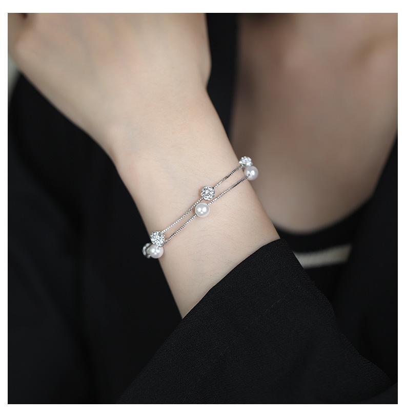 S925 Sterling Silver Double-Layered Starry Pearl Bracelet for Women - High-End, Elegant Design
