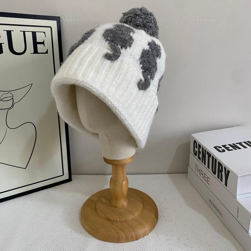 JYL TS DIY Cat Beanie Unisex Autumn Winter Color Block Pom-pom Warm Hat Acrylic