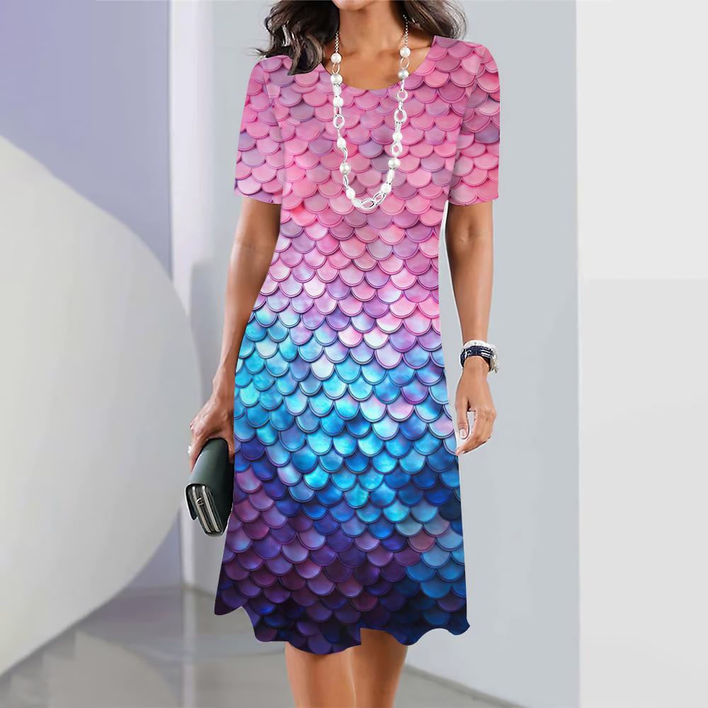 Bunte Fischschuppenform Druck Damenkleider Design Plus Size Elegante lange Kleider Damenkleid Damenbekleidung