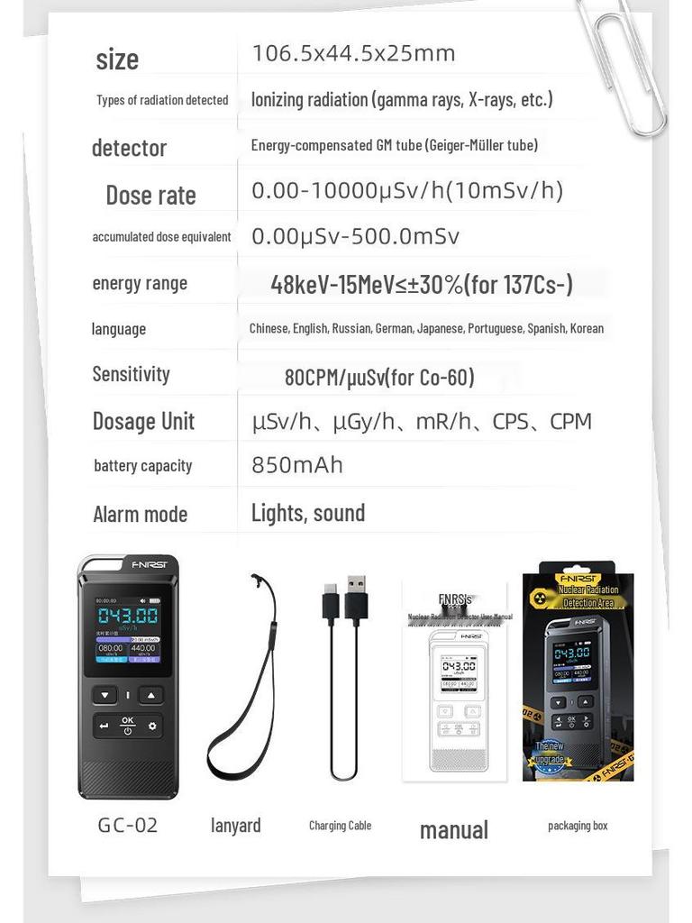 FNIRSI GC-02 Professional Nuclear Radiation Detector & Personal Geiger Counter Dose Alarm