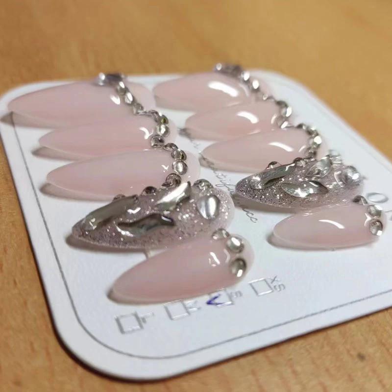 Full Handmade Artificial Nail Art Nude Simple Water Drop Nails with Diamonds Phototherapy Fake Nails Reusable and Removable Nails