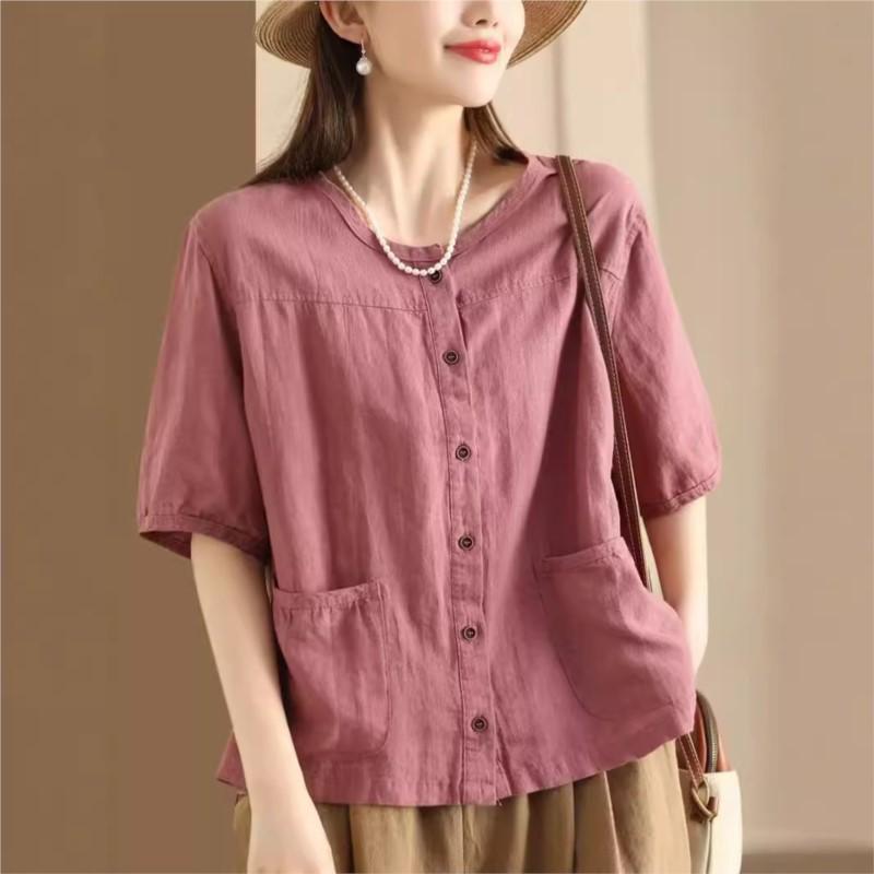 

Johnature Женские винтажные рубашки с круглым вырезом и коротким рукавом, повседневные блузки, летние однотонные свободные топы с карманами в стиле пэчворк