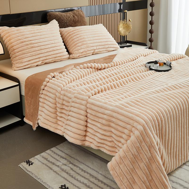 Solid Colour Three-dimensional Stripes Drawstring Rabbit Hair Cover Blanket Winter Soft Warm Double Layer Thickening Cover Blanket