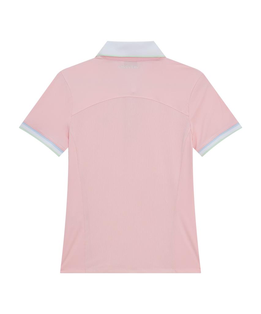 CHUCUCHU Line Back Mesh Collar Short Sleeve Top (Pink) Cbfss-Ts006W