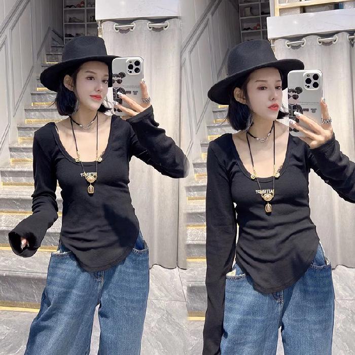 

Корейский стиль, большой размер, футболка с U-образным вырезом, облегающая, с длинным рукавом, для начала осени 4XL чёрный