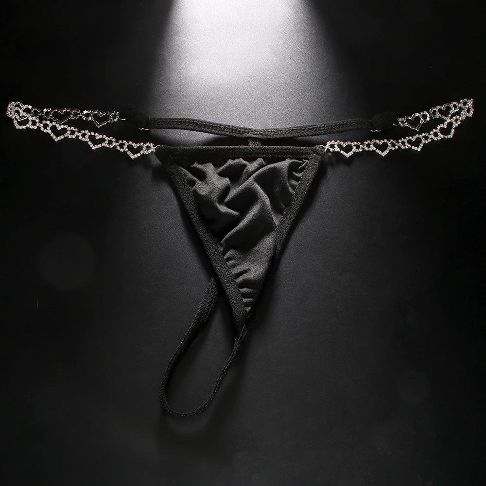 

Sexy Metal Bead Chain Rhinestone Hollow Heart Thong Women Black Cloth Panties Body Chain Thong Bikini Waist Jewelry Accessories