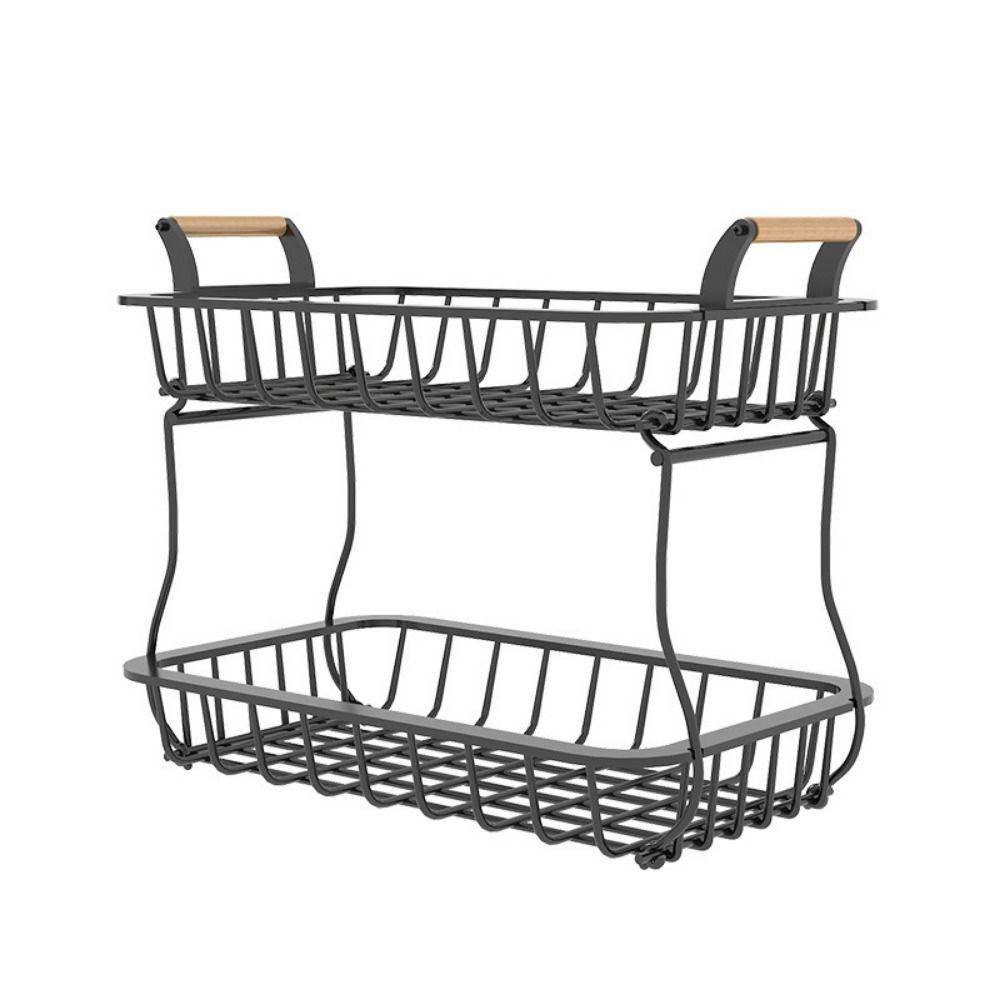 2 Tier Fruit Basket Bowl Detachable Metal Vegetable Holder Organizer with Wooden Handle Rectangular Vegetable Bread Basket