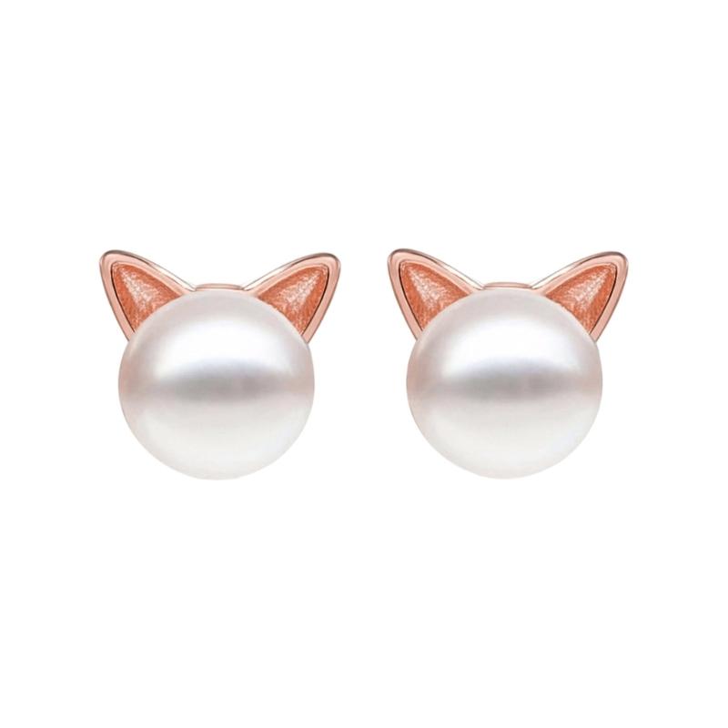Kitten Earrings With Pearls Accents Gold Plated Copper Lightweight Daily Wear Jewelry