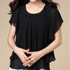 2024 Casual Loose Stylish Round Neck Blouse Female Clothing Commute Ruffles Patchwork All-match Folds Short Sleeve Chiffon Shirt