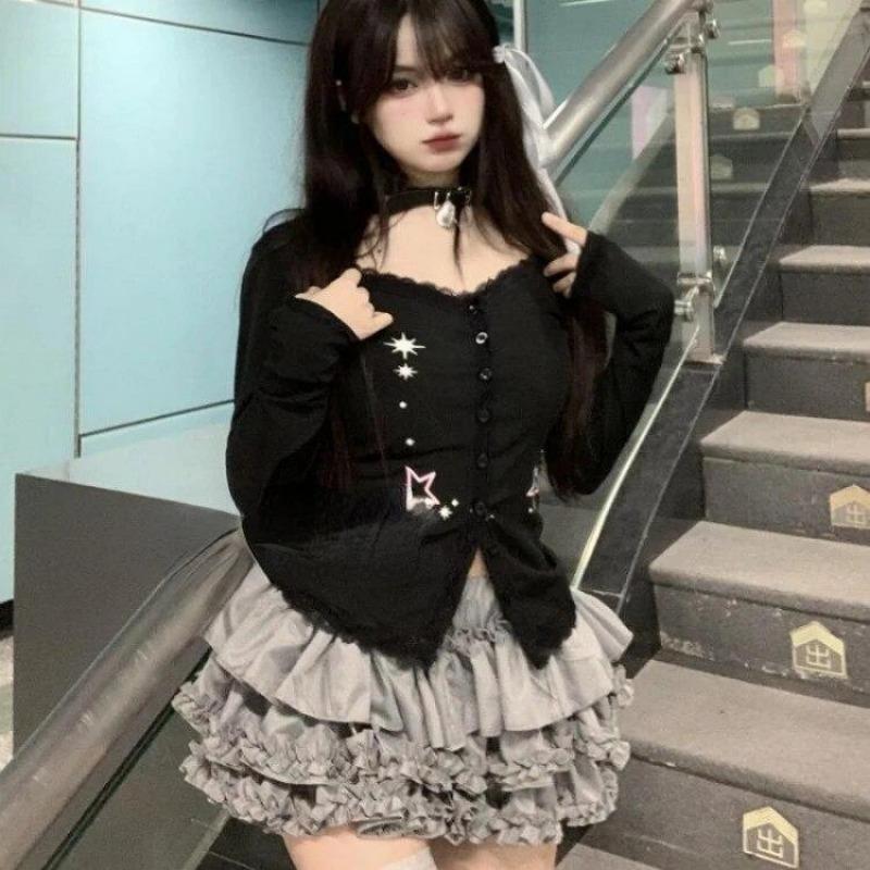 2KWEIRD Slim Hot Sweet Lace Patchwork Print Stars T Shirt Women Clothes Long Sleeve Harajuku Y2k Cardigan Tee Femme 90s
