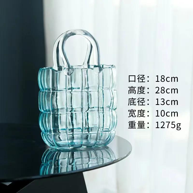 Clear Glass Vase Bag Handbag Basket Transparent Terrarium Flower Vase Floral Arrangement Accessories Living Room Decoration