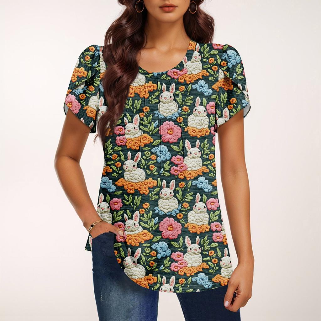 Women's Fashionable Round Neck Short Sleeve Printed Casual Basic Pleated Pullover T-shirt Top