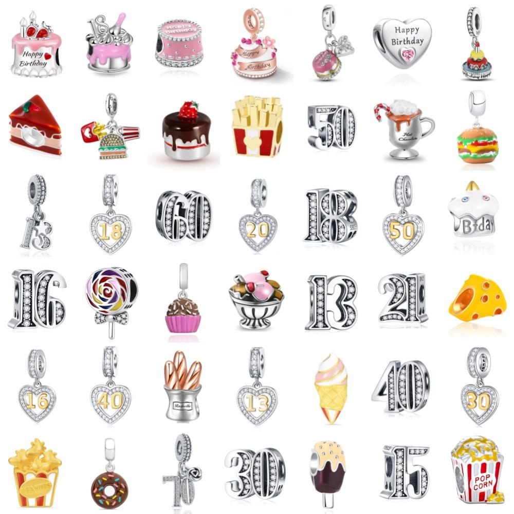 New 925 Silver Happy Birthday Cake Food Series Pendant Number Beads Fit Exquisite Bracelet Women Diy Jewelry Gift Ice Cream Charm