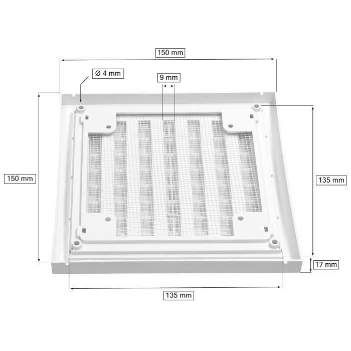 Grille d'aération - KOTARBAU - 150 x 150 mm - Plastique blanc - Moustiquaire - Lamelles réglables