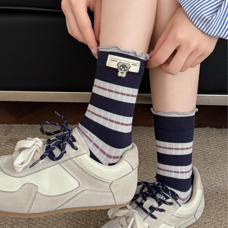 Autumn and Winter Women's Cartoon-style Embroidered Striped Trendy Boneless Sewn Mid-calf Cotton Socks