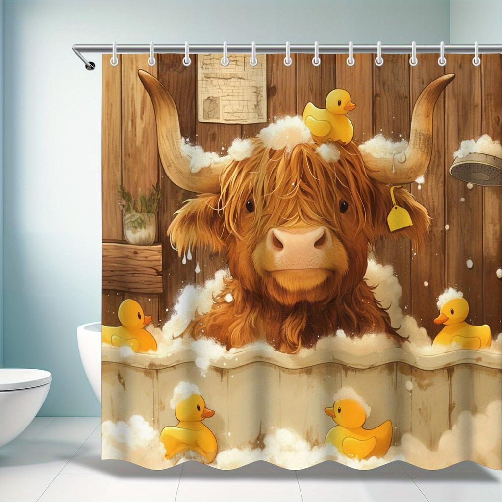 Farmhouse Highland Cattle Shower Curtain Set - Cute Design, Includes 12 Hooks, Perfect for Cattle Lovers, Bathroom Decor