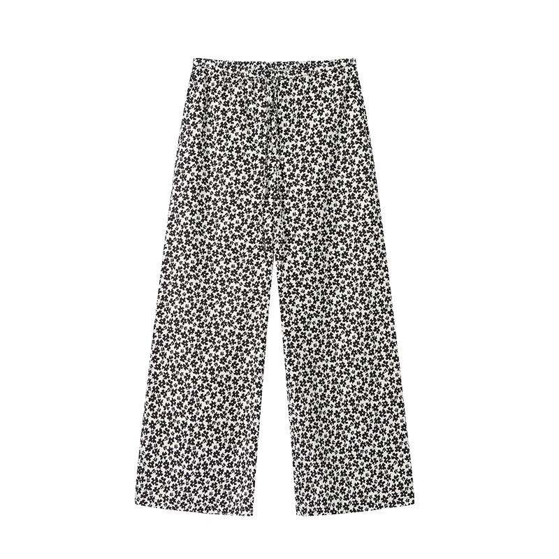 GREEN BELT Black & White Floral Tencel Wide-Leg Pants S