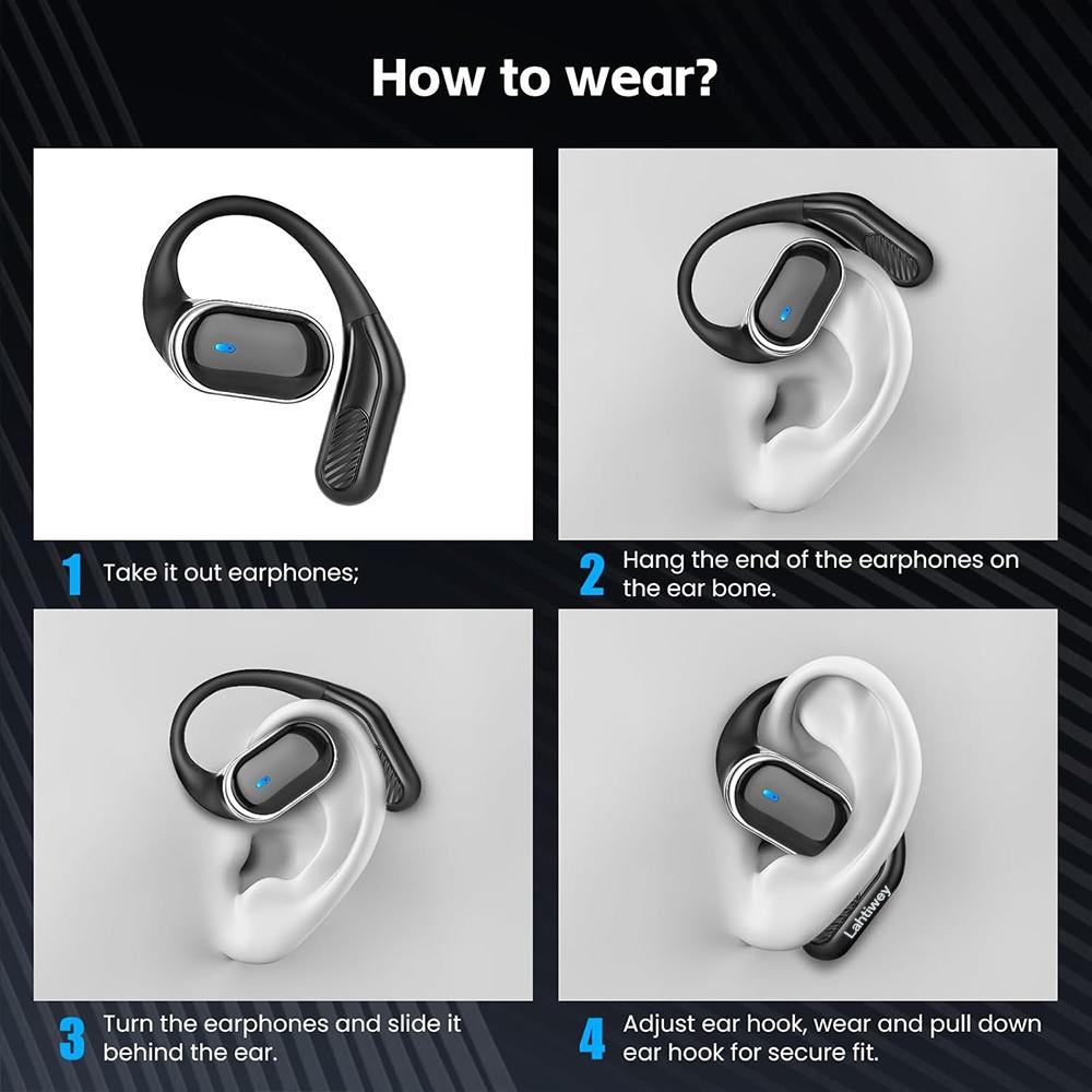 Bluetooth 5.4 Wireless Headphones Open Ear Earbuds with HD Mic, 60h Playtime Ultralight Comfort Open Ear Headphones with Earhook