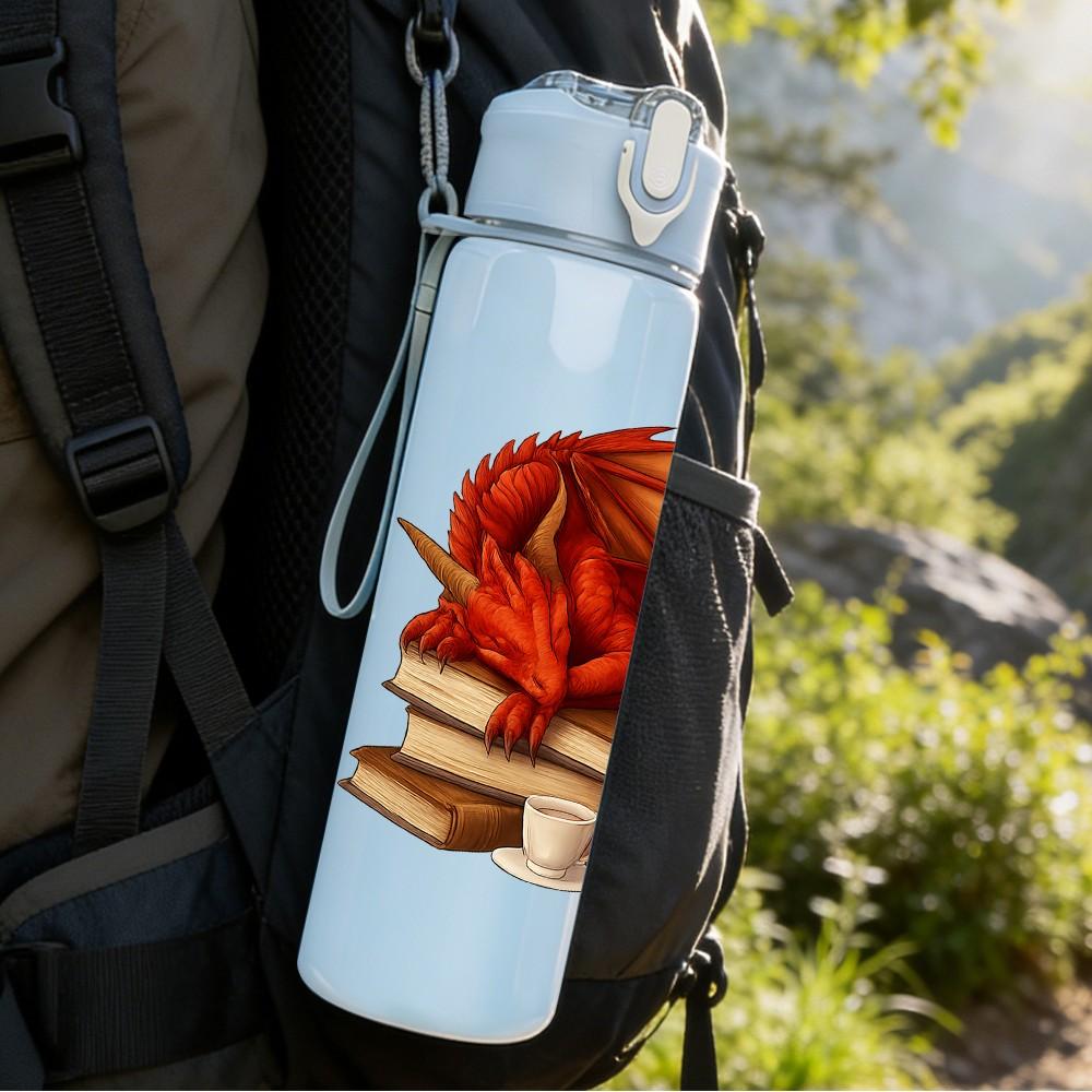 1PC Book Stack Red Dragon Illustration 750ml Color Plastic Sports Water Bottle Leakproof Flip Straw Lid Suitable for Sports Office Home Use