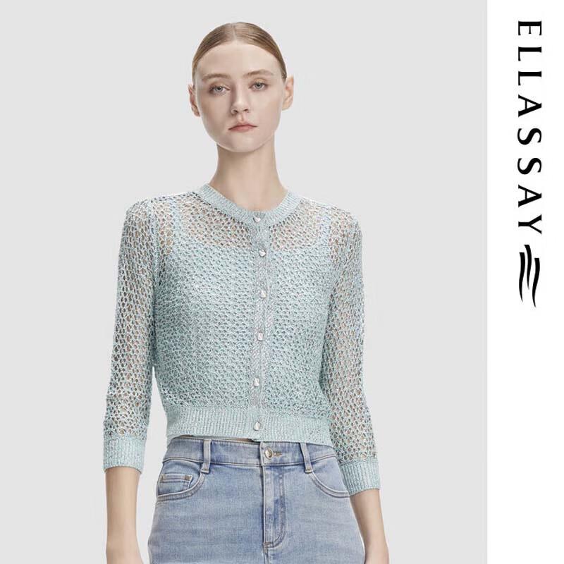 ELLASSAY Women's Woven Round Neck Knit Cardigan