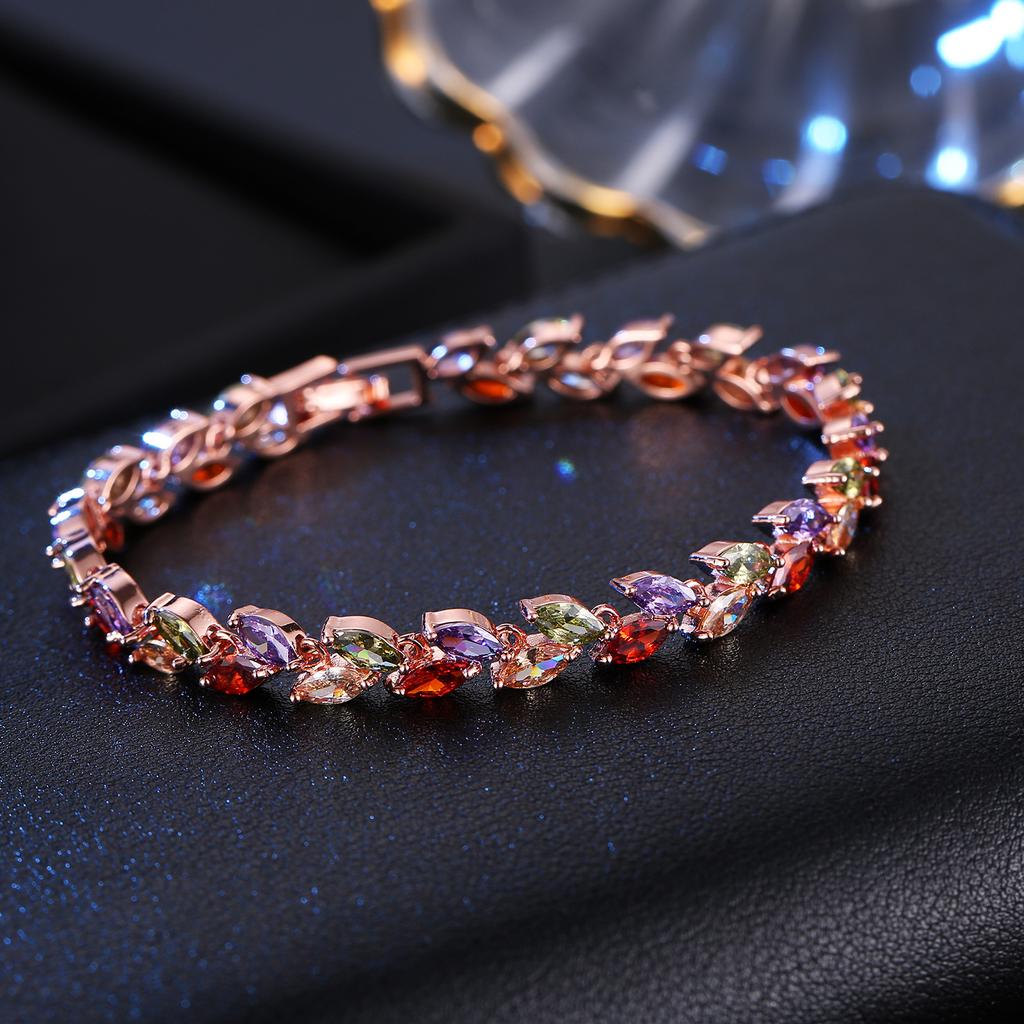 2026 European and American style jewelry, colorful rainbow, colorful zircon rice grain bracelet, forget worry grass element