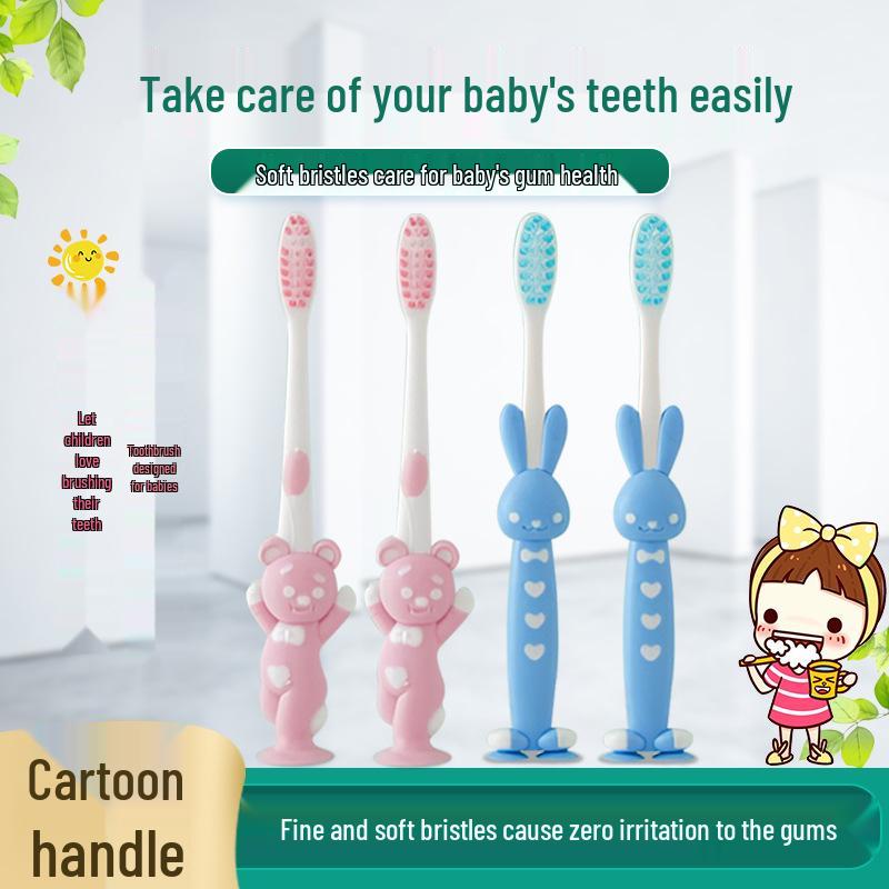 Set of 4 Cartoon Bear and Rabbit Children's Soft Toothbrushes with Suction Cup Base
