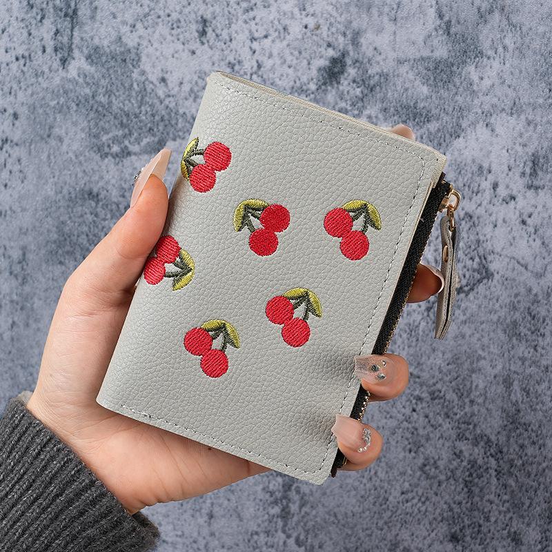 Embroidered Zipper Card for Women - Small Compact Short with Multiple Card Slots, Gray, Fashionable Purse