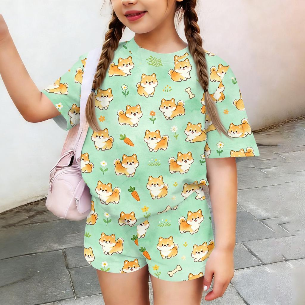 Kids Casual Short Sleeve Animal Print Top and Shorts Set Lightweight Breathable Soft Fabric Comfortable Fit