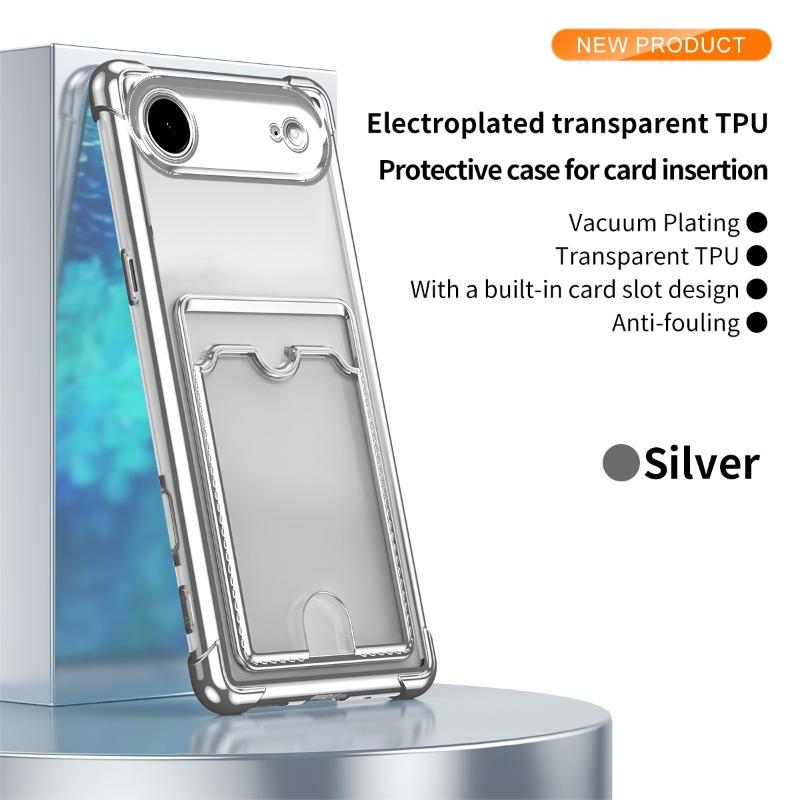 

Прозрачный противоударный чехол с покрытием для iPhone 17 Air 17 Pro Max 16 Plus 15 14 13 12 Mini 11Pro с держателем для карт-кошелька, мягкая силиконовая крышка iPhone 15 Pro Max серебряный