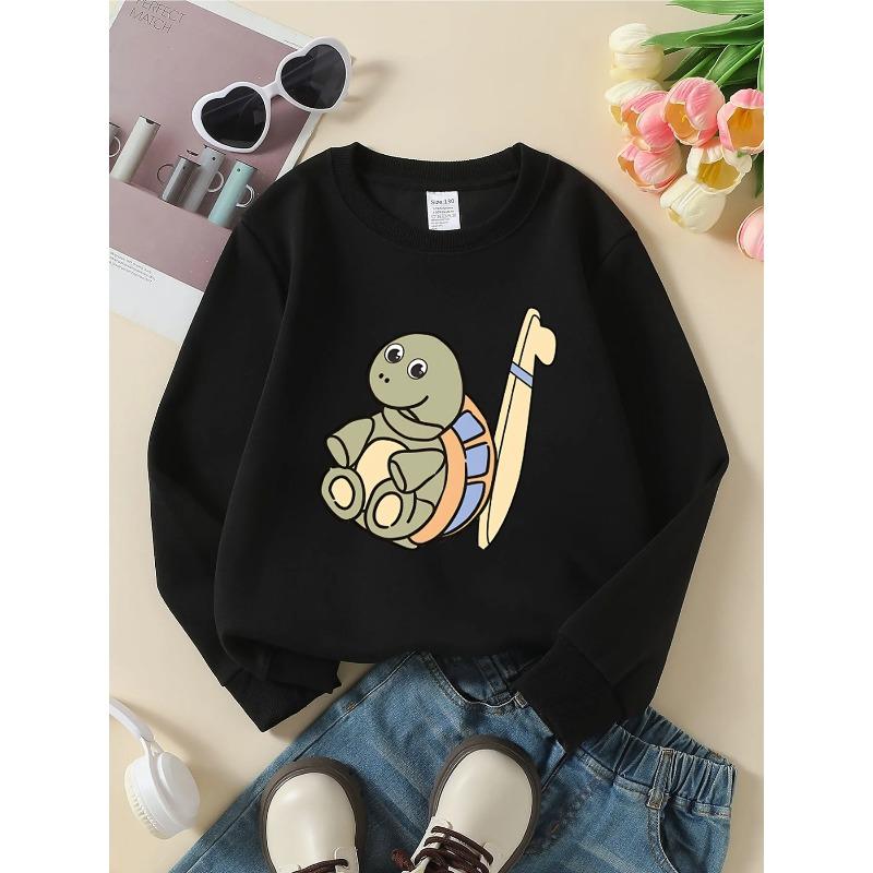 Kids Crewneck Sweatshirt, Cute Surfing Turtle with Surfboard Beach Graphic Print, Spring Autumn Casual Sport Tops