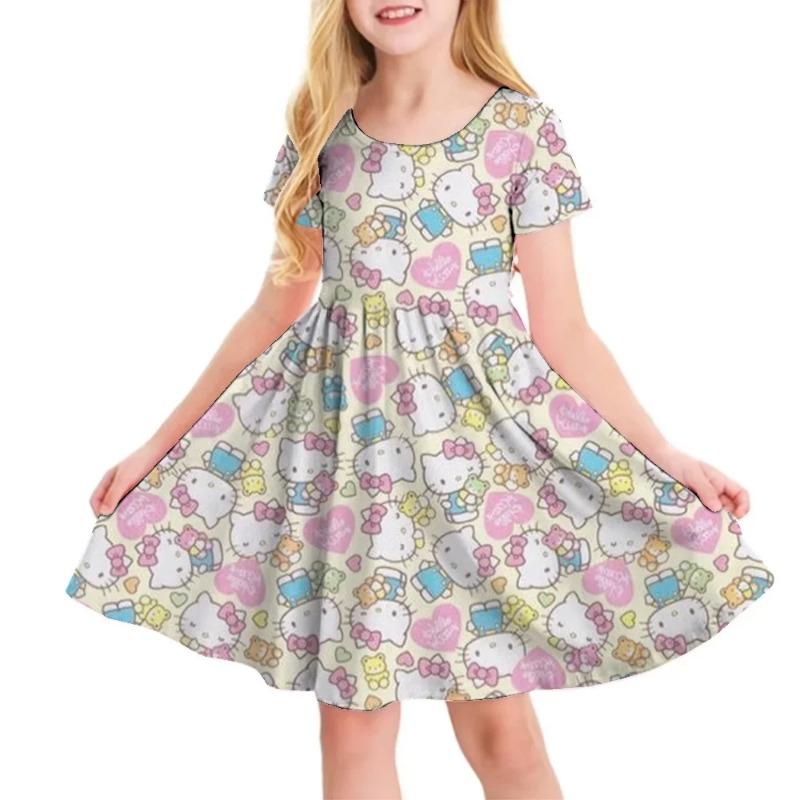 Hello Kitty Printed Children T Shirt Dresses Kuromi My Melody Girls Casual Dress Kids Cute Kitty