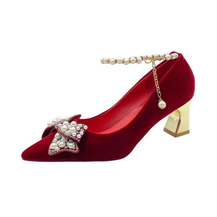 Fashion Comemore Spring and Autumn New Bridal Shoes High Heels Pointed Toe Women Pumps Ankle Pearl Buckle Shallow Mouth Heels for Women